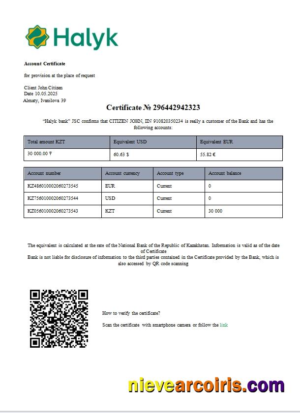 Kazakhstan Halyk bank account certificate scr